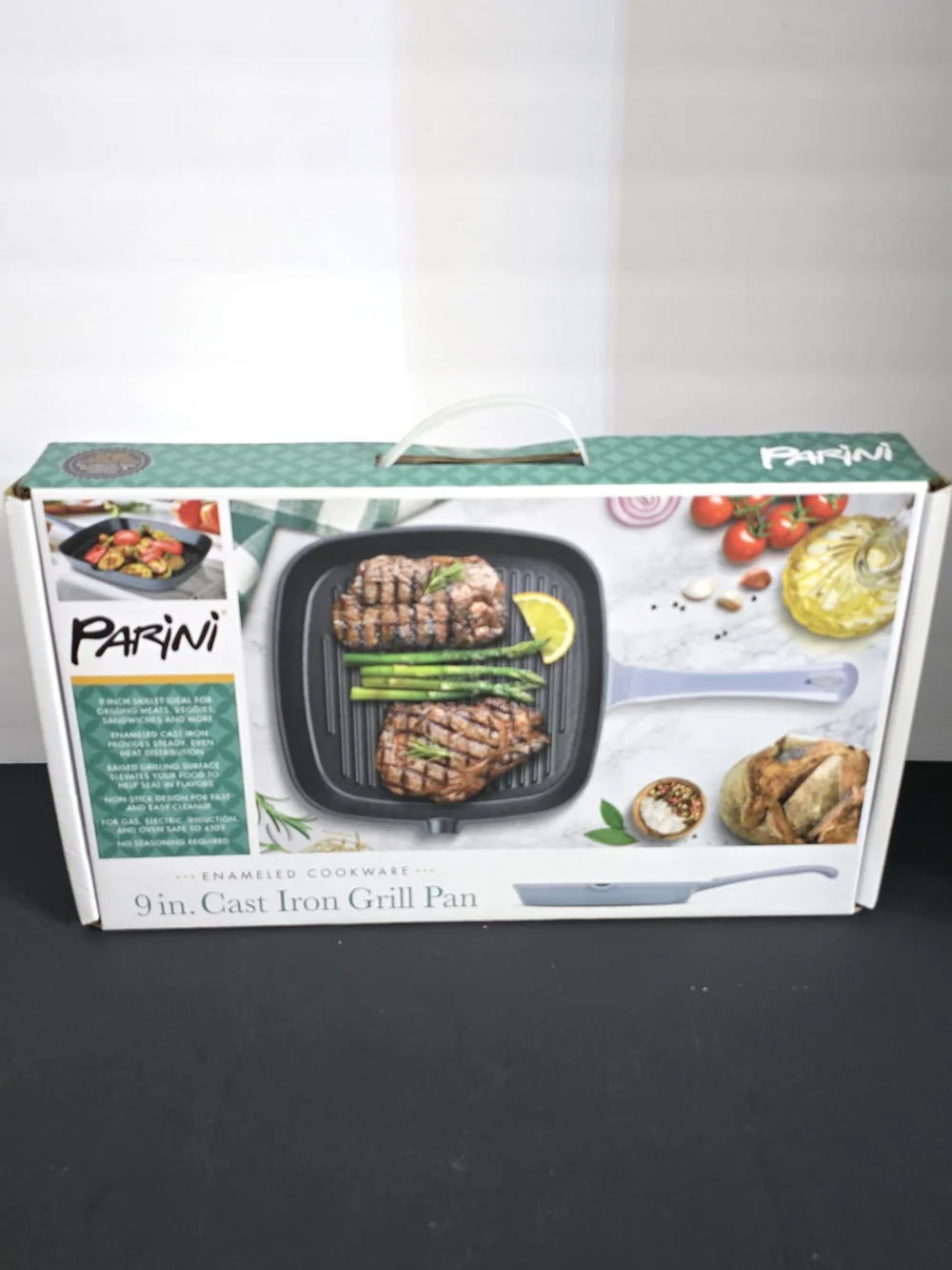 9 in. Cast Iron Grill Pan - Light Blue Enamel